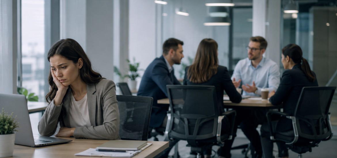 Employee feeling excluded in a toxic work environment Silent harassment in the workplace.