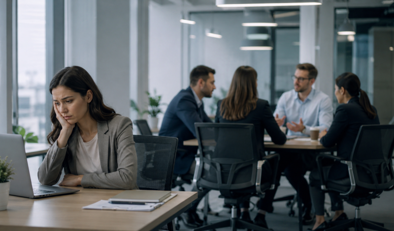 Employee feeling excluded in a toxic work environment Silent harassment in the workplace.