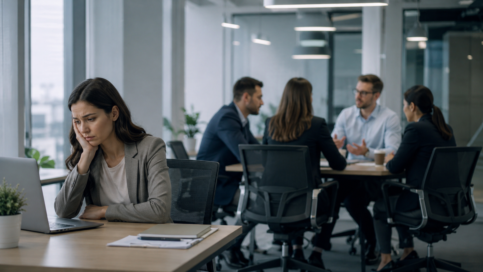 Employee feeling excluded in a toxic work environment Silent harassment in the workplace.
