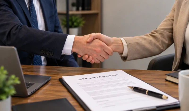Two professionals shaking hands over a settlement agreement at work in a UK office.