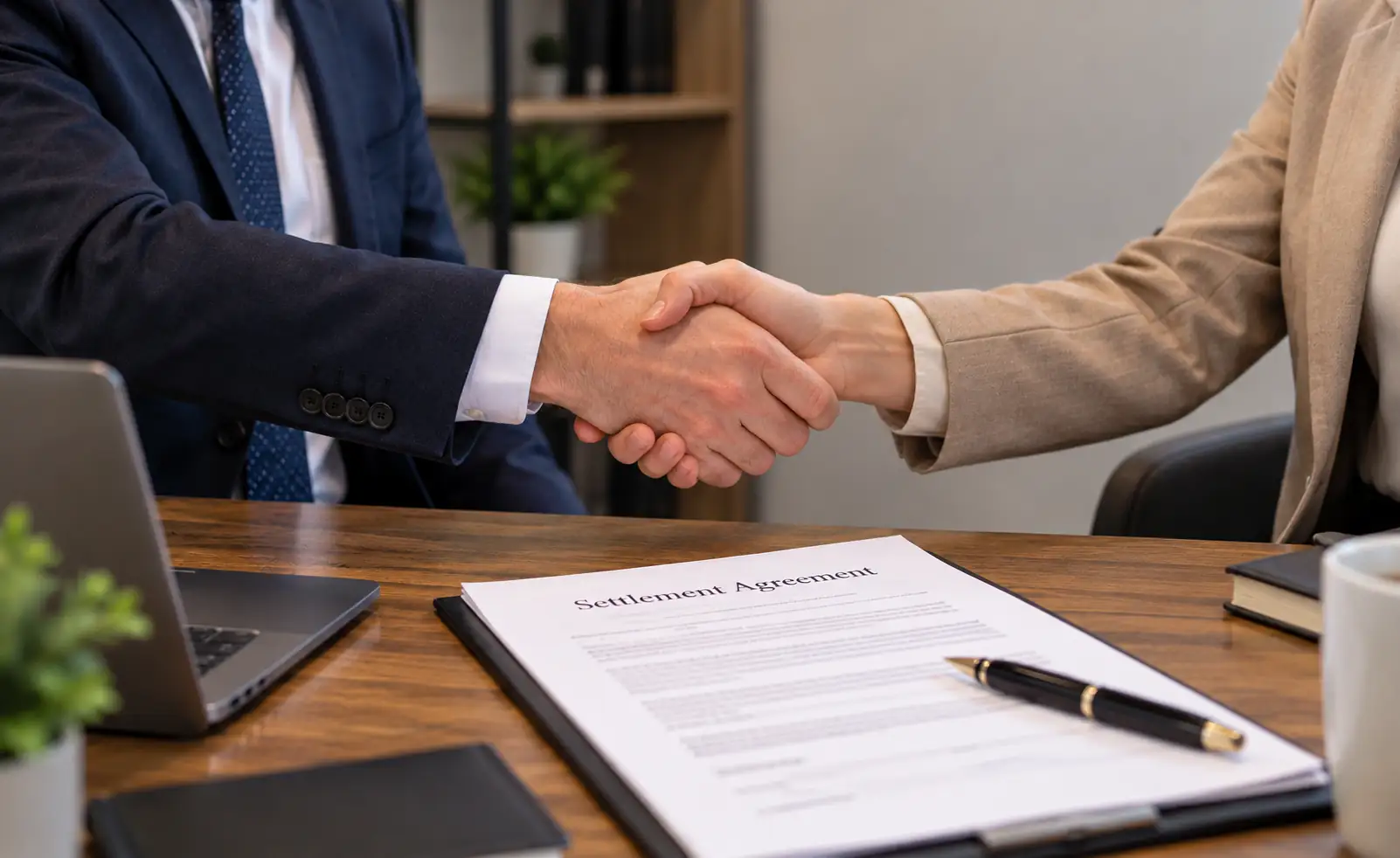 Two professionals shaking hands over a settlement agreement at work in a UK office.